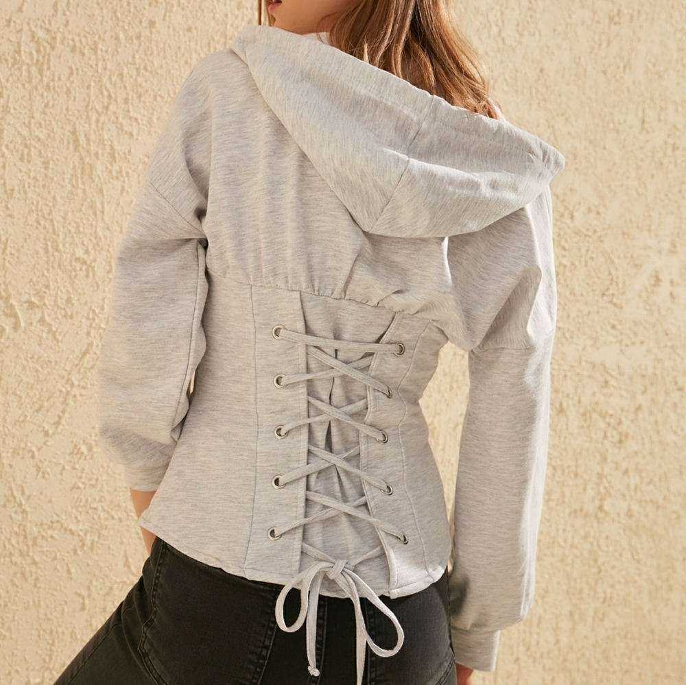 Gray tie detail hooded sweatshirt